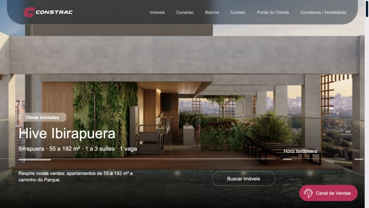Home do site Constrac com um empreendimento em destaque